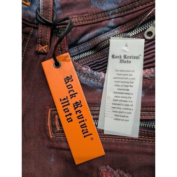 Rock Revival Moto Elroy Biker Distressed Jeans Acid Wash Red Blue Mens Size 38 - Picture 10 of 12